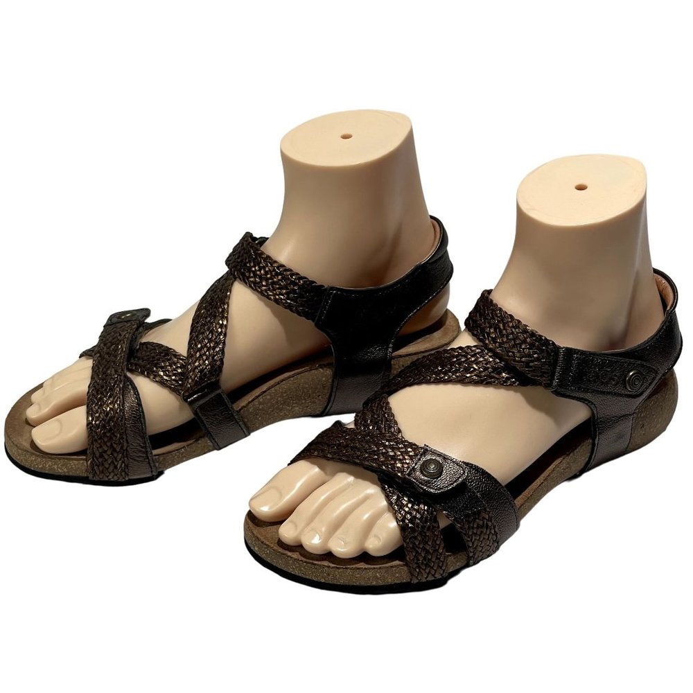 Taos Trulie Leather Woven Sandal Womens 6- 6.5 Bronze Brown Cork Wedge Comfort